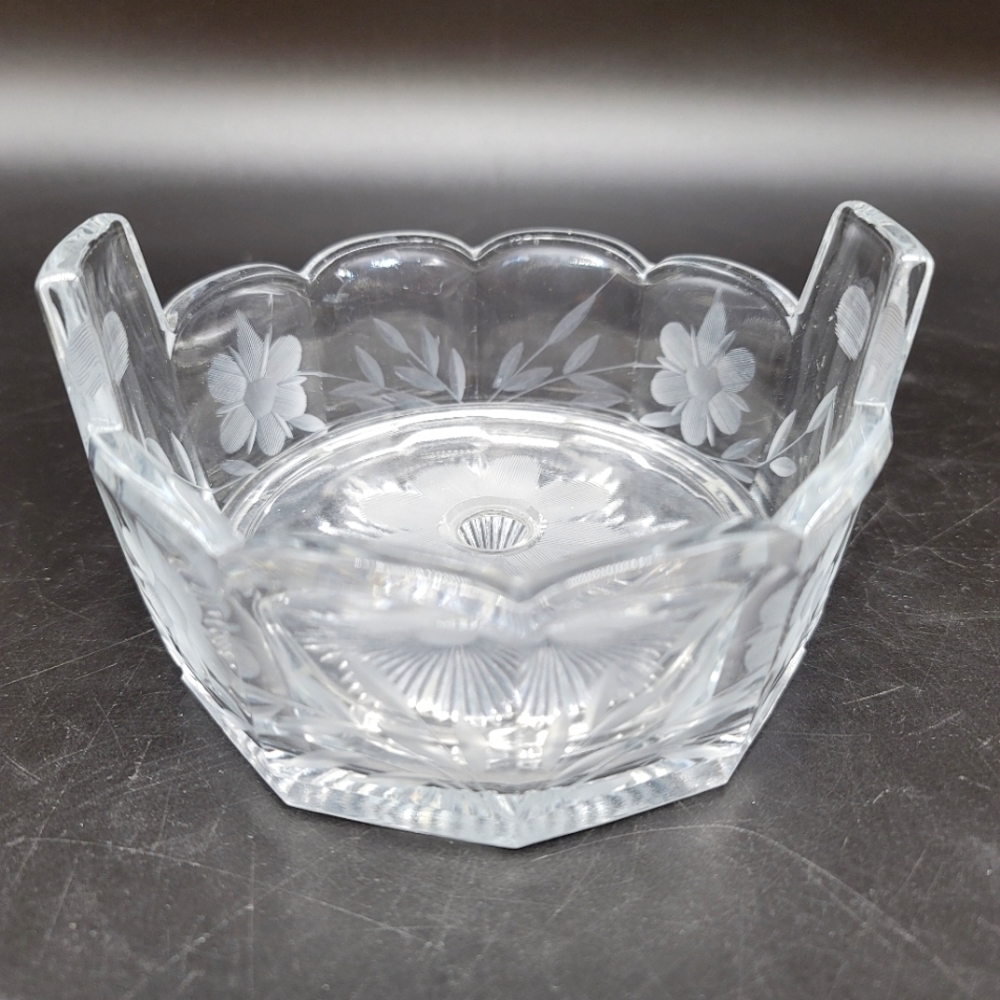 Vintage Etched Glass Clear Dish With Incert and raised handles. Excellent